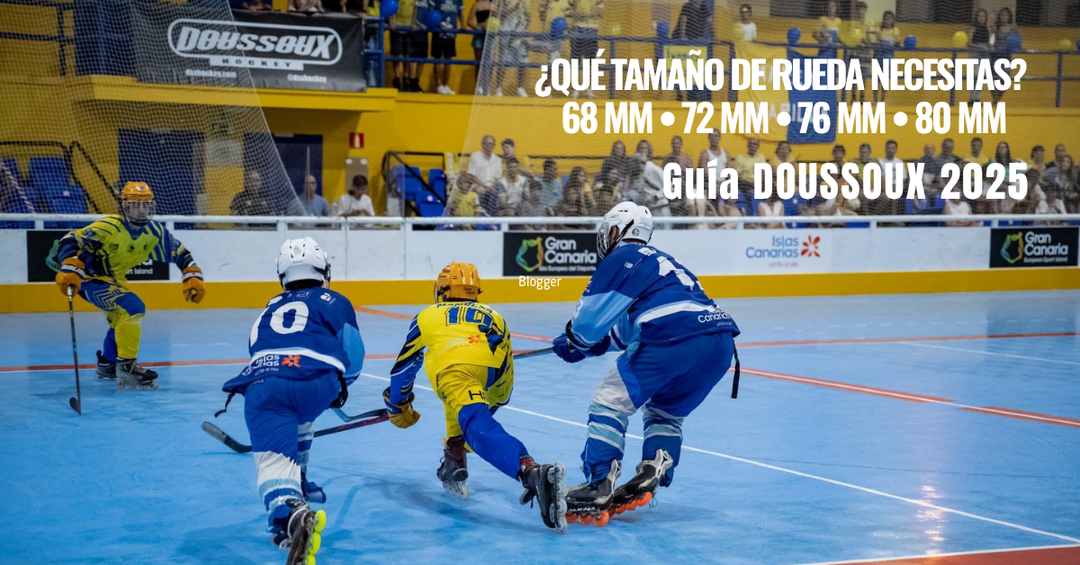 Ruedas de hockey línea DOUSSOUX en configuración Hi-Lo con diferentes tamaños (68mm, 72mm, 76mm y 80mm) sobre pista indoor tipo SportCourt.