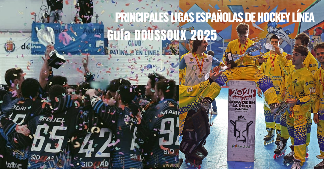 Jugadores en acción durante un partido de la Liga Élite española de hockey línea sobre pista interior azul, representando la competición nacional con clubes como Molina Sport ACEGC y CPLV Valladolid.